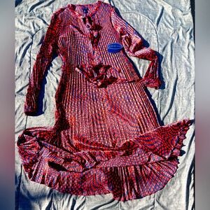 SCOOP orange and navy blouson sleeved belted pleated midi dress, size 16/18